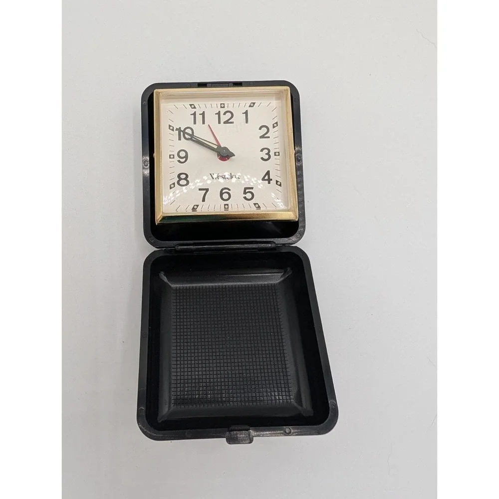 Vintage Westclox Mechanical Wind Up Travel Alarm Clock Black Clamshell Case